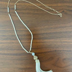Long white and gold BEADED NECKLACE with tassel